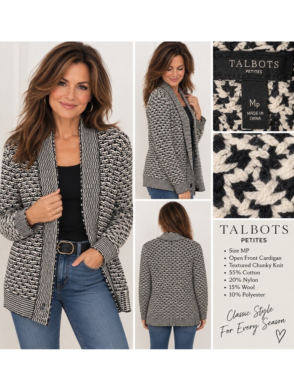Talbots Petites MP Black Ivory Chunky Knit Wool Blend Open Cardigan